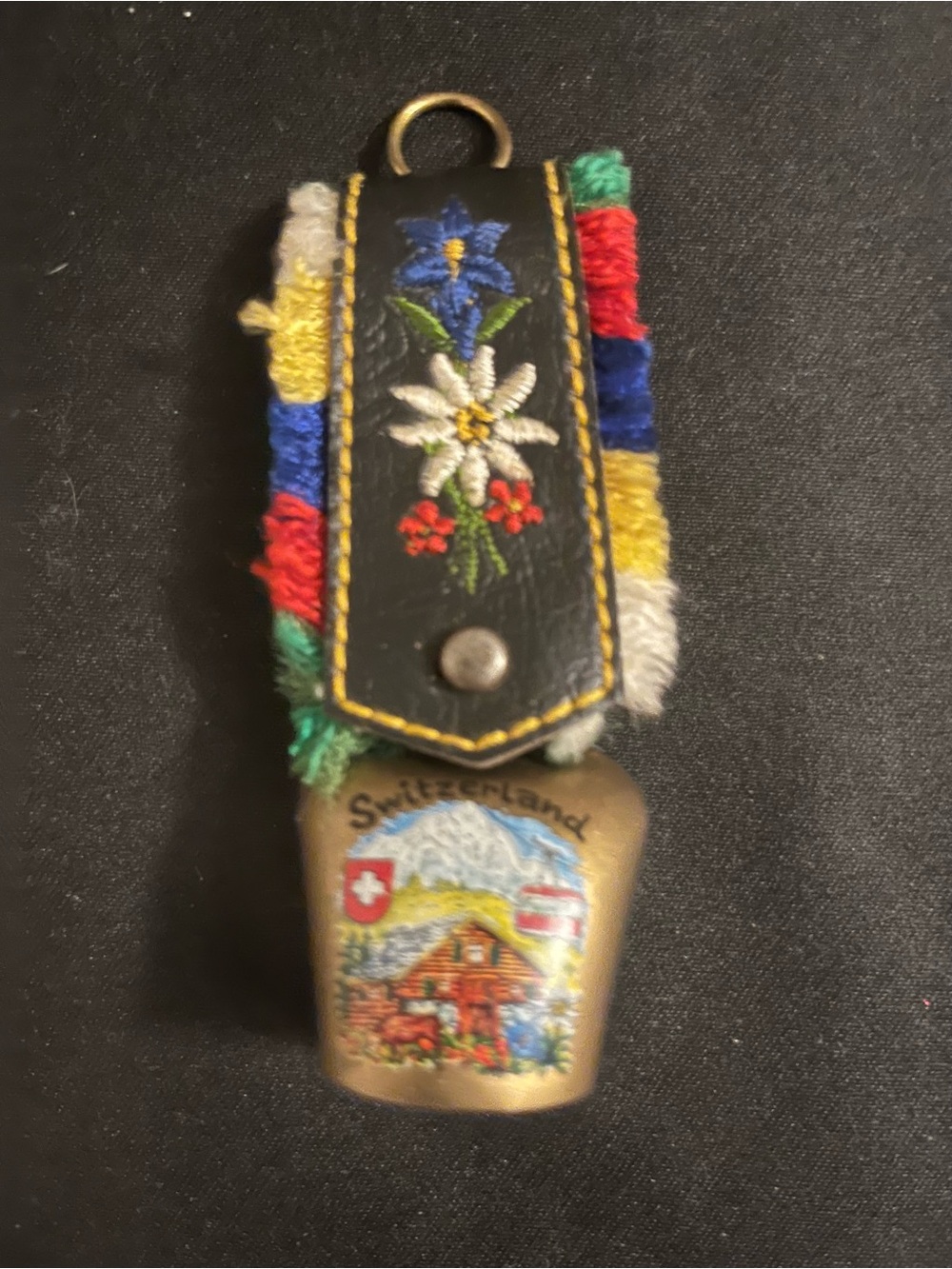 Embroidered Alpine Souvenir Switzerland CowBell Keychain - Multicolor